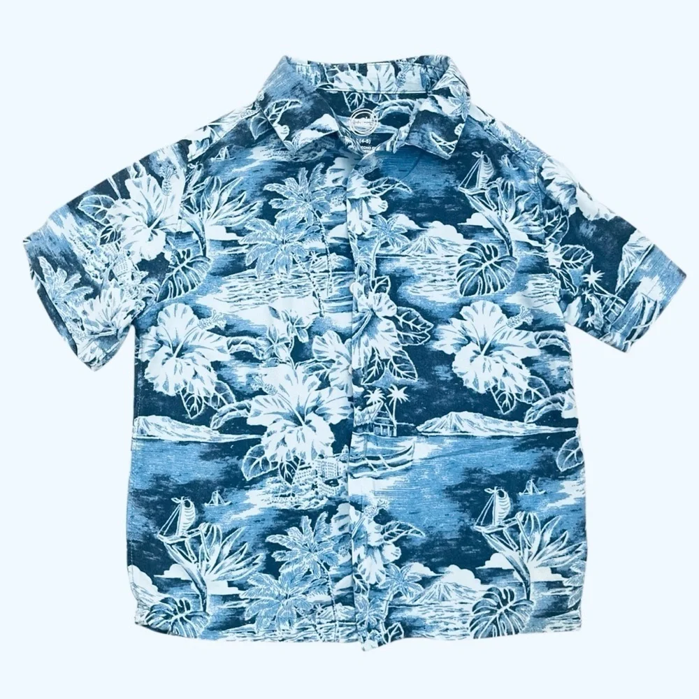 Wonder Nation Blue Floral Hawaiian Shirt button down short sleeve camp collar XS